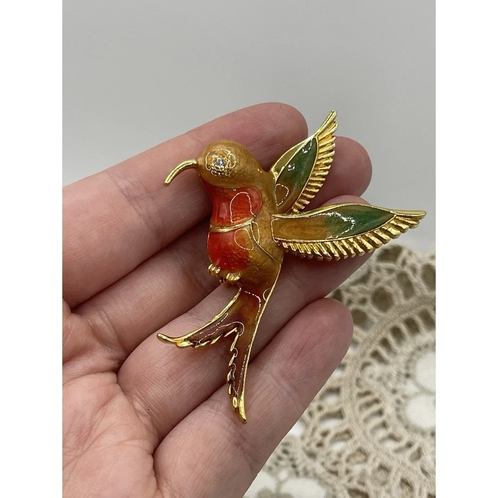 Enamel Hummingbird‎ Brooch/Rhinestone Eye